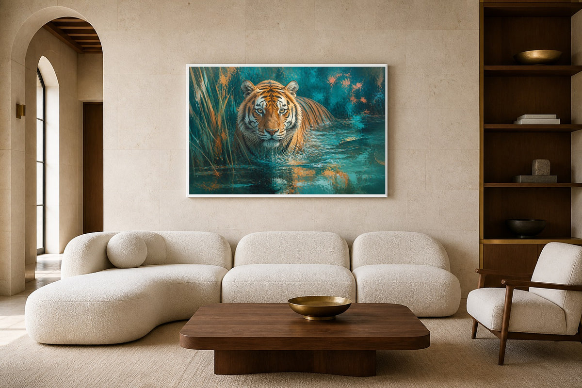 Tiger Tide canvas artwork displayed in a luxury home interior