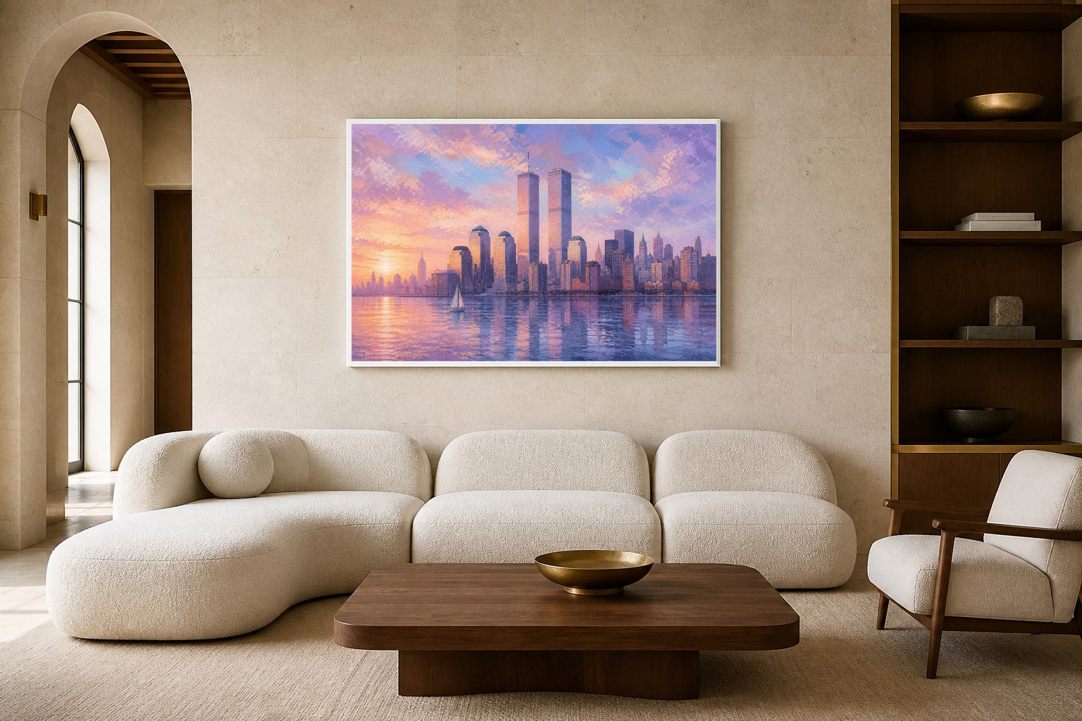 Twin Towers Dawn canvas artwork displayed in a luxury home interior