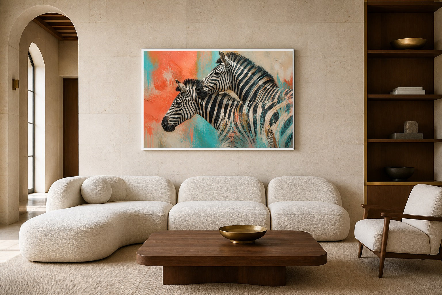 Zebra Rhythm canvas artwork displayed in a luxury home interior